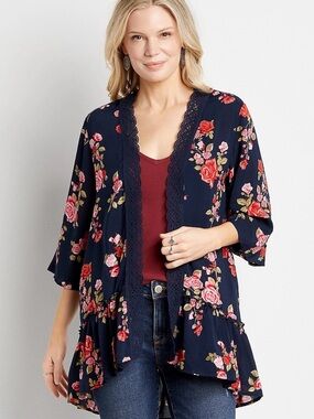Maurices Navy Floral Overlay Kimono with Pink and Red Bloom Size Large